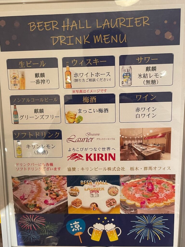 生ビールやワインなど飲み放題の内容が書かれたドリンクメニューの案内板