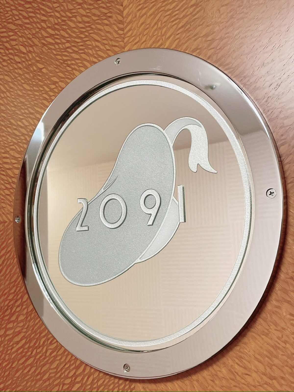 木のドアに取り付けられた金属のプレート。ドナルドの帽子の形をしていて、「2091」の数字が入っている