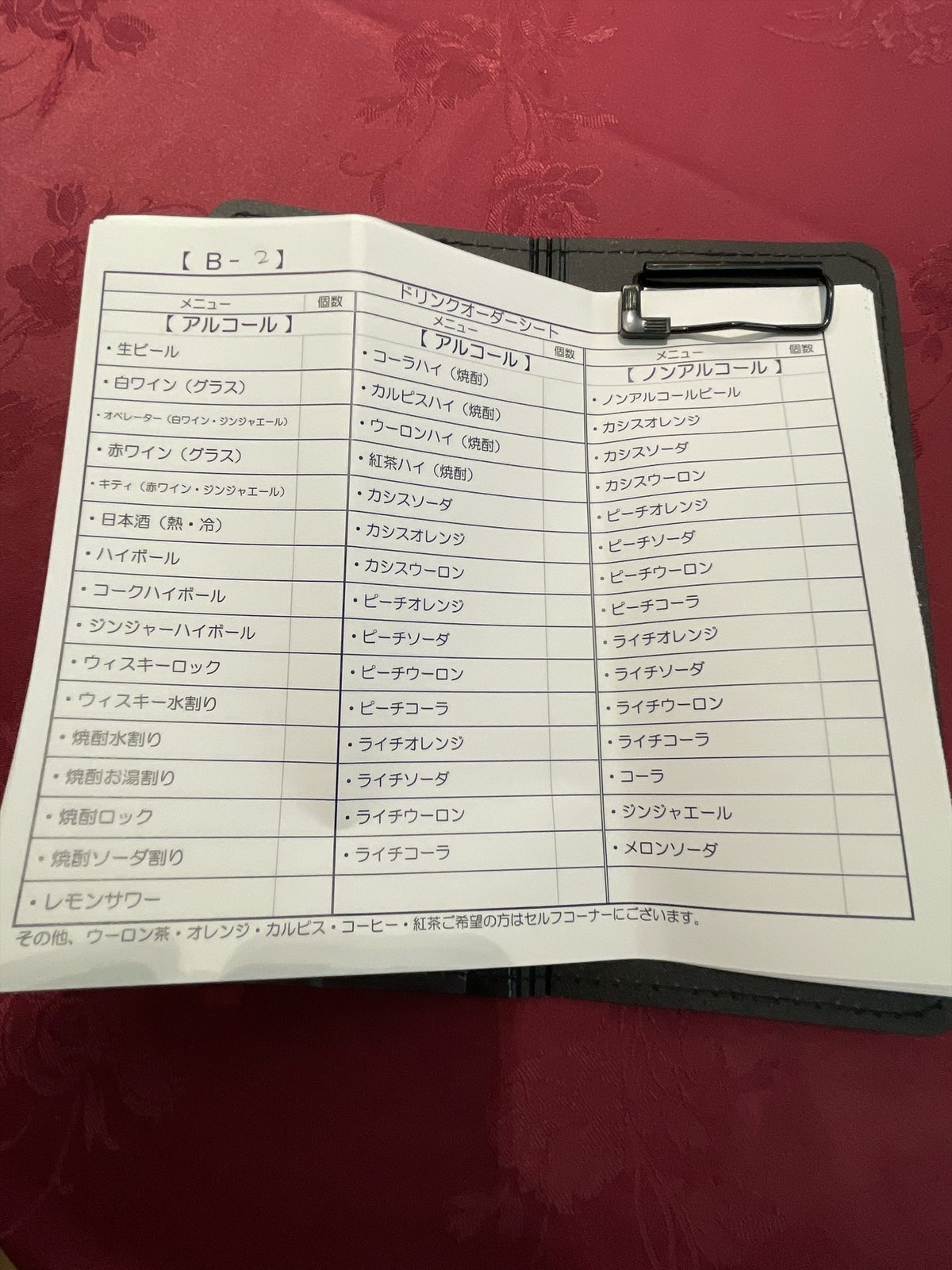 ドリンクオーダーシート。アルコールとノンアルコールの飲みもの名が並び、数を書き込む欄がある