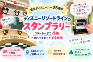 記事のアイキャッチ。ミッキー型の吊り革と窓、Fun Stamp Rally のスタンプ台、東京ディズニーシー・ステーションの駅名サイン